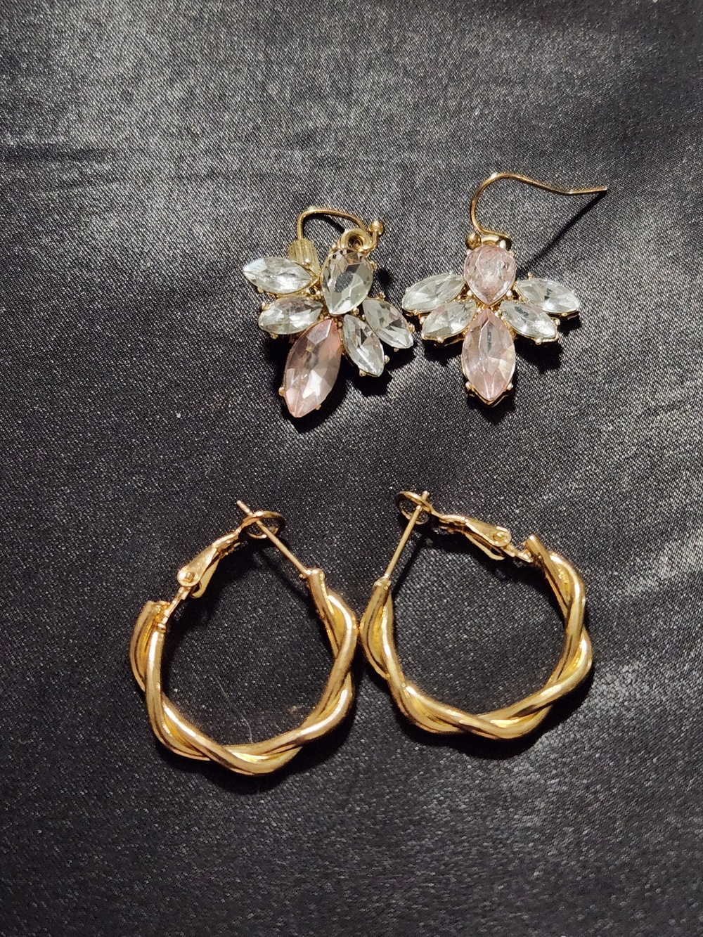Gold Tone Hoop Earrings and Pink Crystal Flower Drop Earrings - Women Jewelry